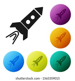 Black Rocket ship with fire icon isolated on white background. Space travel. Set icons colorful circle buttons. Vector Illustration