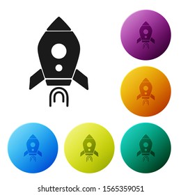 Black Rocket ship with fire icon isolated on white background. Space travel. Set icons colorful circle buttons. Vector Illustration