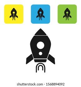 Black Rocket ship with fire icon isolated on white background. Space travel. Set icons colorful square buttons. Vector Illustration