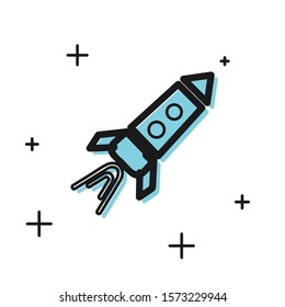 Black Rocket ship with fire icon isolated on white background. Space travel.  Vector Illustration