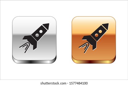 Black Rocket ship with fire icon isolated on white background. Space travel. Silver-gold square button. Vector Illustration
