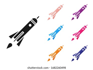 Black Rocket ship with fire icon isolated on white background. Space travel. Set icons colorful. Vector Illustration