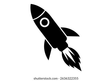 A black rocket ship with flames ascending on a white plain background shot