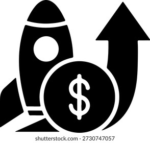 Icono de un cohete negro con una moneda de un dólar y una flecha hacia arriba, que representa el crecimiento del negocio y el éxito financiero en un diseño audaz y dinámico con Elementos simples.