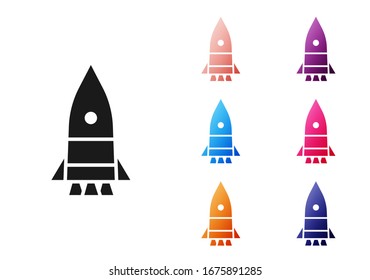 Icono del buque Rocket negro aislado en fondo blanco. Viaje espacial. Establecer iconos coloridos.  Ilustración vectorial