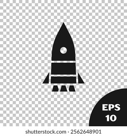 Black Rocket ship icon isolated on transparent background. Space travel.  Vector Illustration