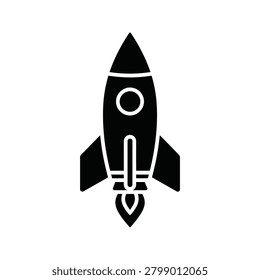 Black rocket ship icon launching into space symbol with transportation, blastoff