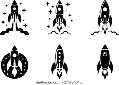 Black rocket ship icons set with stars and clouds, space launch silhouettes, startup business vector illustrations isolated on white background