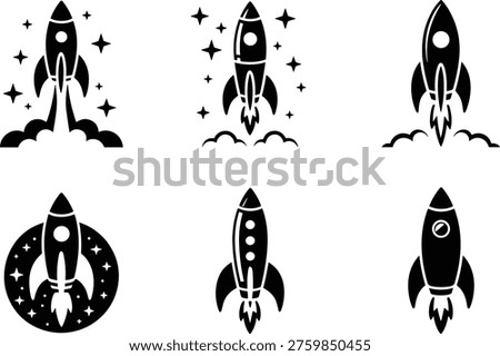 Black rocket ship icons set with stars and clouds, space launch silhouettes, startup business vector illustrations isolated on white background