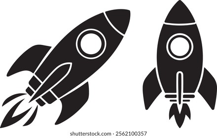 Black rocket ship icons in simple silhouettes, perfect for themes of space exploration, innovation, and startups.