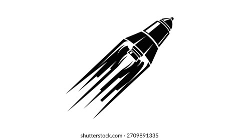 A black rocket ship illustration with motion lines, symbolizing speed and space travel