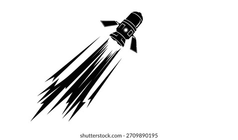A black rocket ship illustration with a powerful propulsion system, ascending into the sky.