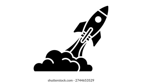 Black rocket ship launching upwards quickly