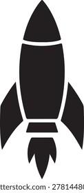 Black rocket ship with a pointed nose cone and flames exhaust on a white background, space launch blast