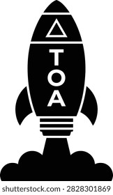 A black rocket ship with a white TOA logo blasts off into the sky, leaving a trail of smoke behind