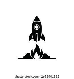 Silhueta de foguete preto ascendendo com chamas estilizadas e fumaça abaixo.