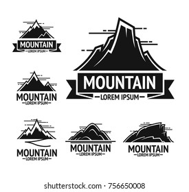 Black rocky mountains emblems with clear sky above, half moon and sign underneath isolated cartoon flat vector illustrations