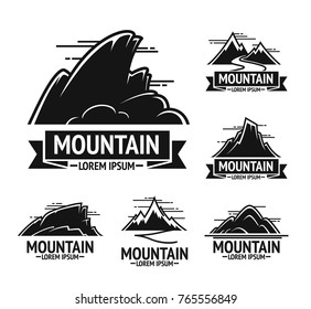 Black rocky mountains emblems with clear sky above, half moon and sign underneath isolated cartoon flat vector illustrations