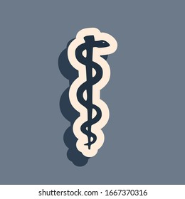 Black Rod of asclepius snake coiled up silhouette icon isolated on grey background. 