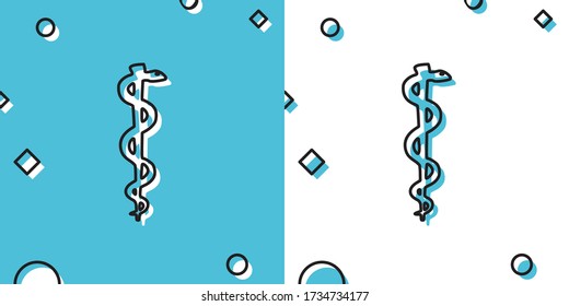 Black Rod of asclepius snake coiled up silhouette icon isolated on blue and white background. Emblem for drugstore or medicine, pharmacy snake symbol. Random dynamic shapes. Vector Illustration