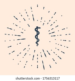 Black Rod of asclepius snake coiled up silhouette icon isolated on beige background. Emblem for drugstore or medicine, pharmacy snake symbol. Abstract circle random dots. Vector Illustration