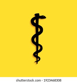 Black Rod of asclepius snake coiled up silhouette icon isolated on yellow background. Emblem for drugstore or medicine, pharmacy snake symbol. Long shadow style. Vector