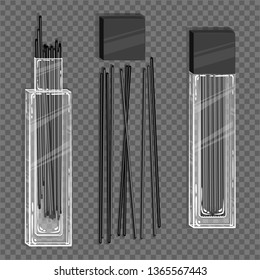 Black rods of a mechanical pencil in a white plastic container. Graphite refills for a pencil. Packaging made with transparency. Art transparent in a vector program. Vector Illustration. EPS 10.