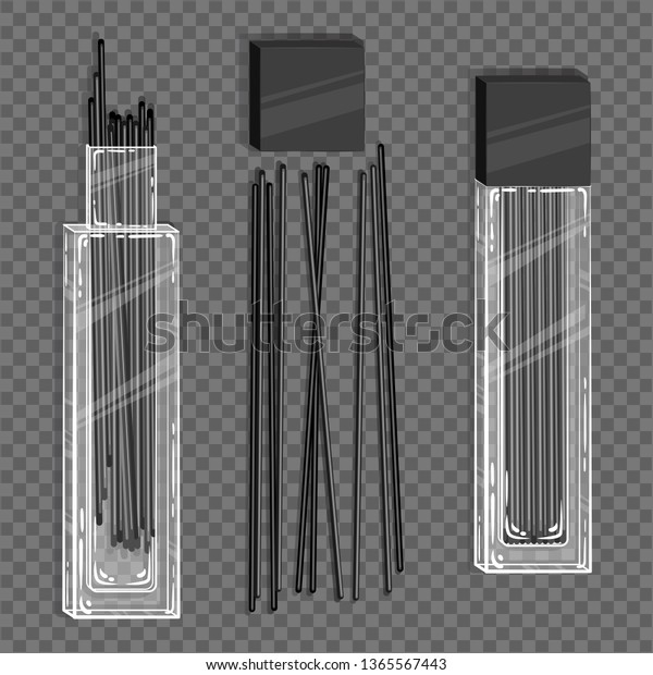 Black rods of a mechanical pencil in a white plastic\
container. Graphite refills for a pencil. Packaging made with\
transparency. Art transparent in a vector program. Vector\
Illustration. EPS 10.