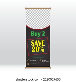 Black roll up banner for discount offer event, suitable for business shopping and marketing sale promotion