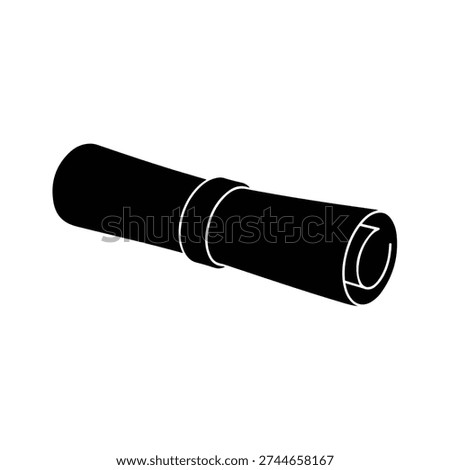 Black rolled scroll icon, isolated on white background. Represents diploma, certificate, historical document or scroll.