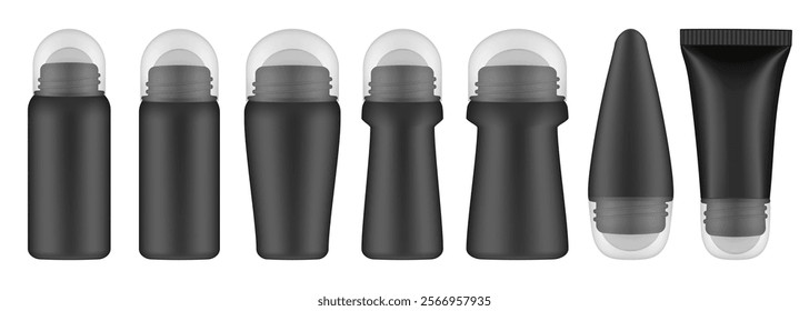 Black roller ball bottles with transparent caps. Body antiperspirant deodorant roll-on. Realistic vector mockup. Roller Applicator