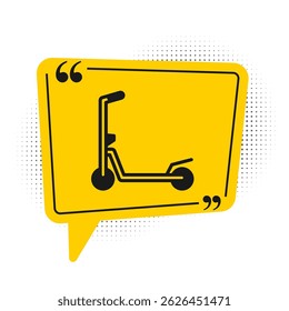 Black Roller scooter for children icon isolated on white background. Kick scooter or balance bike. Yellow speech bubble symbol. Vector