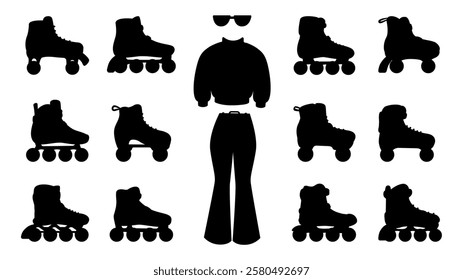 Black roller skates and retro outfit silhouettes. Active accessories and sport equipment in vintage 80s 90s. Hipster elements, rollers vector clipart