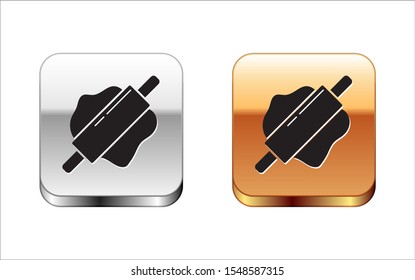 Black Rolling pin icon isolated on white background. Silver-gold square button. Vector Illustration