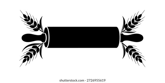 Black rolling pin surrounded by wheat stalks on white background