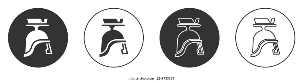 Black Roman army helmet icon isolated on white background. Circle button. Vector
