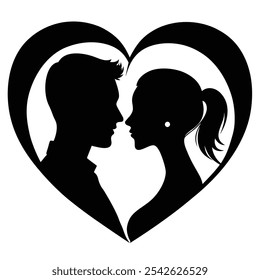 Black Romantic Couple Silhouette behind heart shape white background