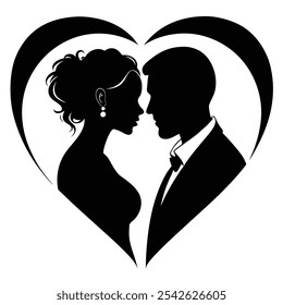 Black Romantic Couple Silhouette behind heart shape white background