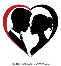 Black Romantic Couple Silhouette behind heart shape white background