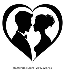 Black Romantic Couple Silhouette behind heart shape white background