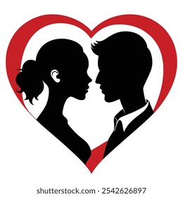 Black Romantic Couple Silhouette behind heart shape white background