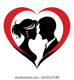 Black Romantic Couple Silhouette behind heart shape white background