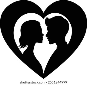 black romantic couple silhouette behind heart sharp