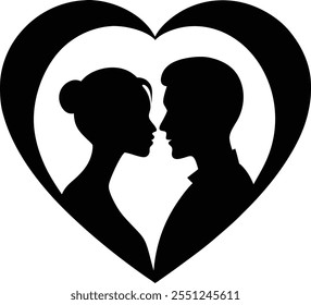 black romantic couple silhouette behind heart sharp