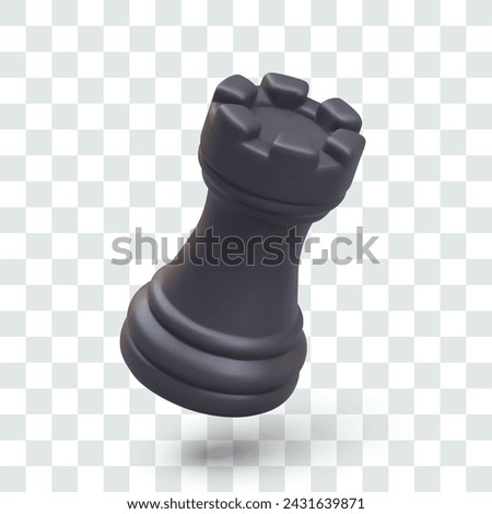 Black rook in tilted position. Realistic game figure, motion effect. Floating chess piece