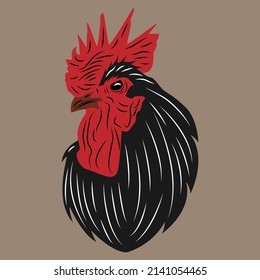Black rooster head vector looks strong with sharp eye highlights, suitable for logos, restaurants selling fried chicken and others