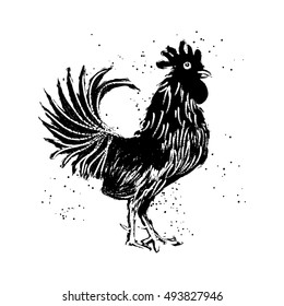 Black rooster. Hipster vintage design with rooster. Imitation of hand drawing or painting of roosters silhouette with Chinese calligraphy Inksticks or India ink. Textured zodiac new year 2017.