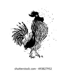 Black rooster. Hipster vintage design with rooster. Imitation of hand drawing or painting of roosters silhouette with Chinese calligraphy Inksticks or India ink. Textured zodiac new year 2017.