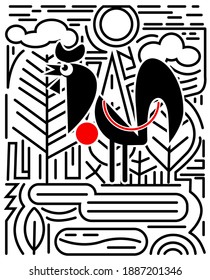 Black rooster on line background black and white vector illustration. Chicken, line art,  wildlife.