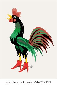 Black rooster in red boots with spurs